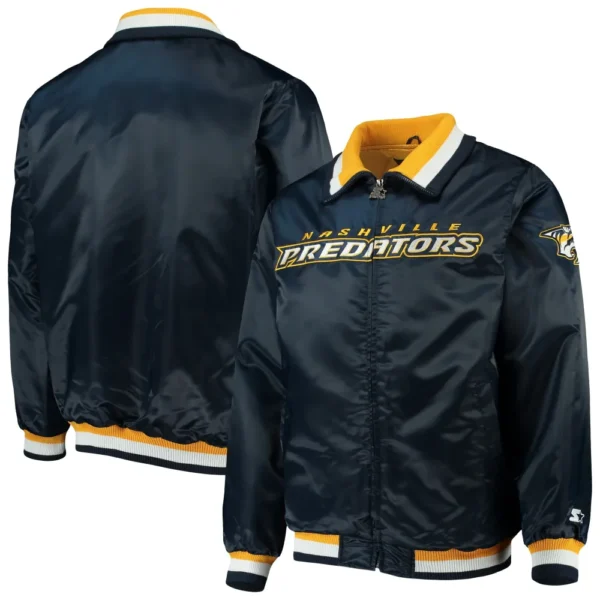 Nashville Predators Starter Captain II Navy Full Zip Satin Varsity Jacket 3