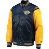 Nashville Predators Starter Enforcer Navy Gold Full Snap Satin Varsity Jacket 1