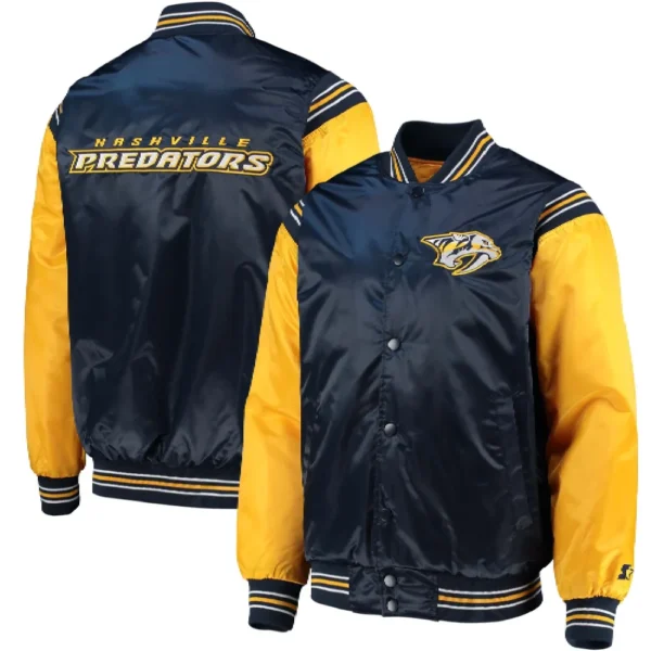 Nashville Predators Starter Enforcer Navy Gold Full Snap Satin Varsity Jacket 3