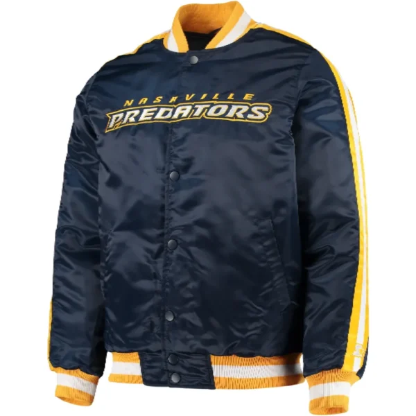 Nashville Predators Starter O Line Navy Full Snap Satin Varsity Jacket 1
