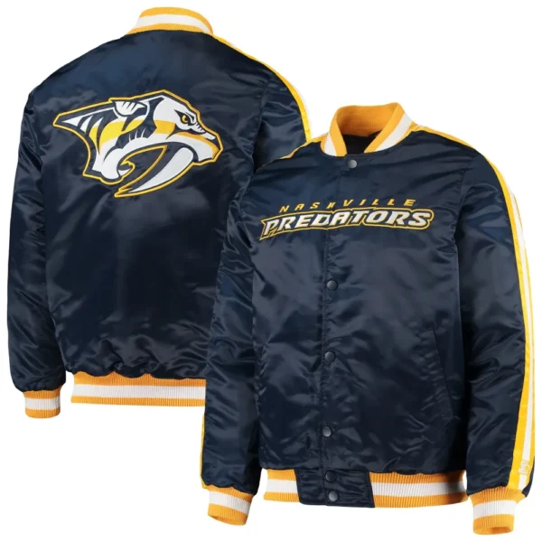 Nashville Predators Starter O Line Navy Full Snap Satin Varsity Jacket 3