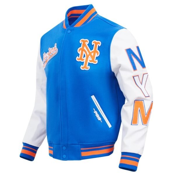 New York Mets Script Tail BlueWhite Wool Leather Varsity Jacket 1
