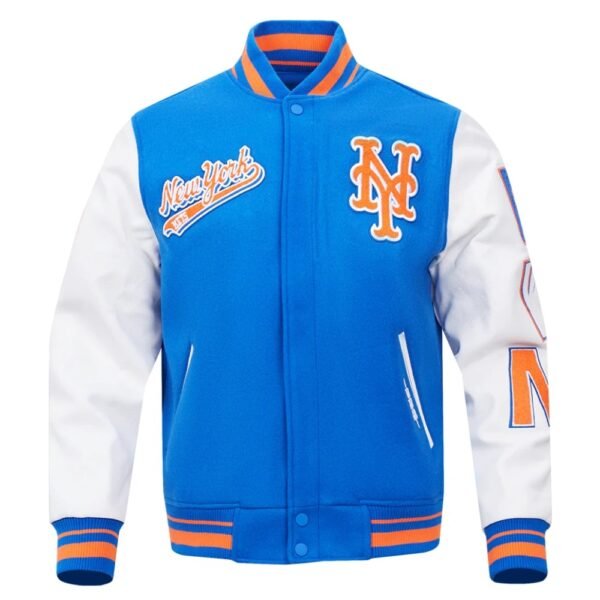 New York Mets Script Tail BlueWhite Wool Leather Varsity Jacket 2