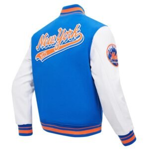 New York Mets Script Tail BlueWhite Wool Leather Varsity Jacket 3