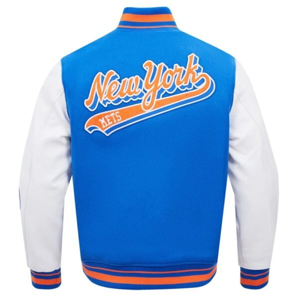 New York Mets Script Tail BlueWhite Wool Leather Varsity Jacket 4