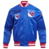 New York Rangers Pro Standard Blue Ribbed Knitted Full Snap Satin Varsity Jacket 1