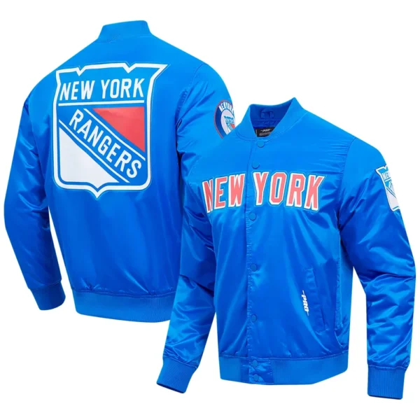 New York Rangers Pro Standard Classic Blue Full Snap Satin Varsity Jacket 3