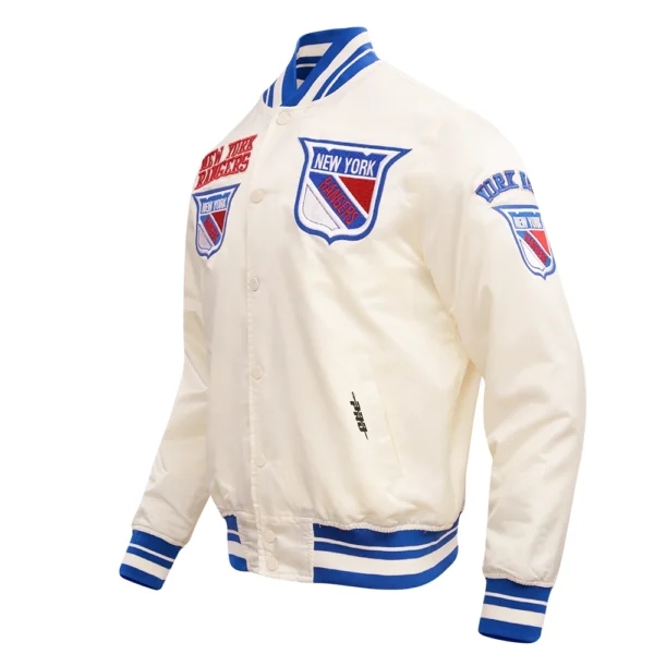 New York Rangers Pro Standard Retro Classic Off White Rib Knitted Full Snap Satin Varsity Jack