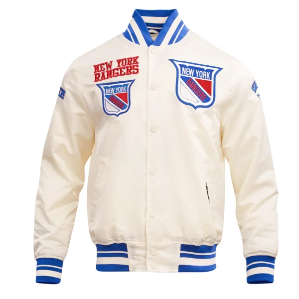 New York Rangers Pro Standard Retro Classic Off White Rib Knitted Full Snap Satin Varsity Jack 1