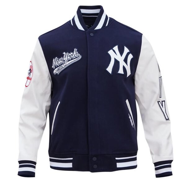 New York Yankees Script Tail NavyWhite Wool Leather Varsity Jacket 1