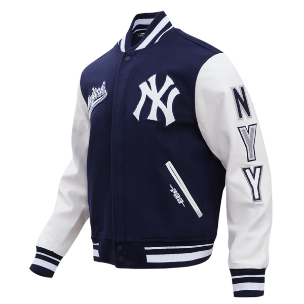 New York Yankees Script Tail NavyWhite Wool Leather Varsity Jacket 1