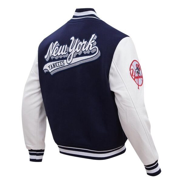 New York Yankees Script Tail NavyWhite Wool Leather Varsity Jacket 2