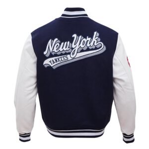 New York Yankees Script Tail NavyWhite Wool Leather Varsity Jacket 3