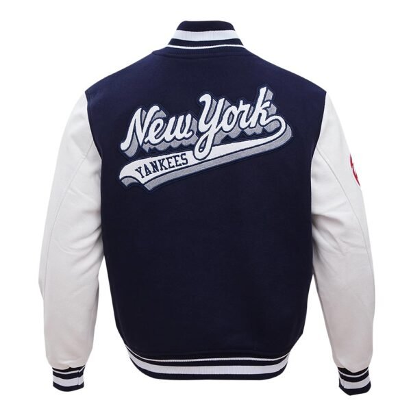New York Yankees Script Tail NavyWhite Wool Leather Varsity Jacket 3