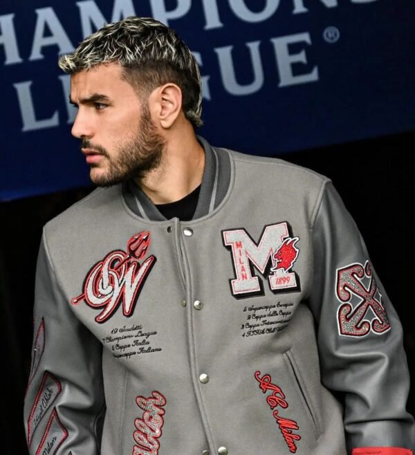 Off White Ac Milan Grey Wool Leather Varsity Jacket 3
