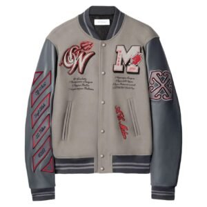 Off White Ac Milan Grey Wool Leather Varsity Jacket 6