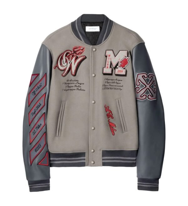 Off White Ac Milan Grey Wool Leather Varsity Jacket 6