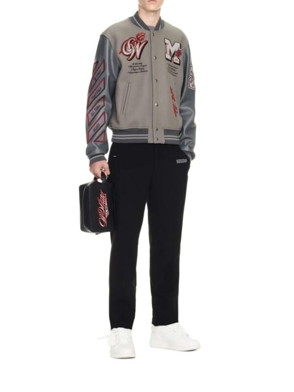 Off White Ac Milan Grey Wool Leather Varsity Jacket 9