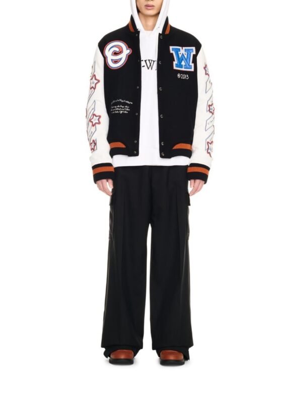 Off White Black Wizard Wool Leather Varsity Jacket 1