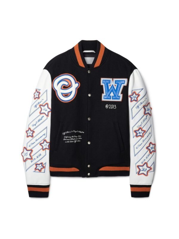 Off White Black Wizard Wool Leather Varsity Jacket 3