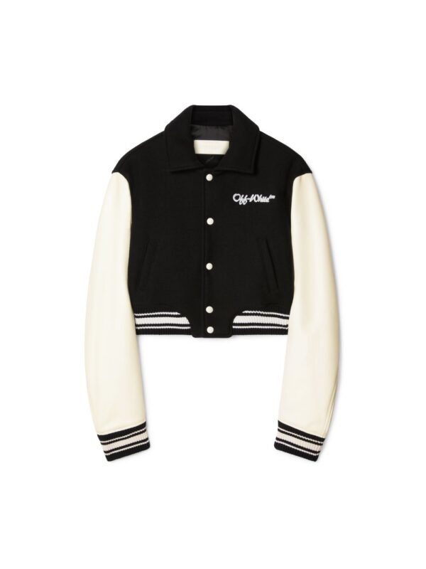 Off White Blackwhite Wool Leather Cropped Varsity Jacket 3