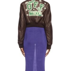 Off White Chocolate Cropped Leather Varsity Jacket 2