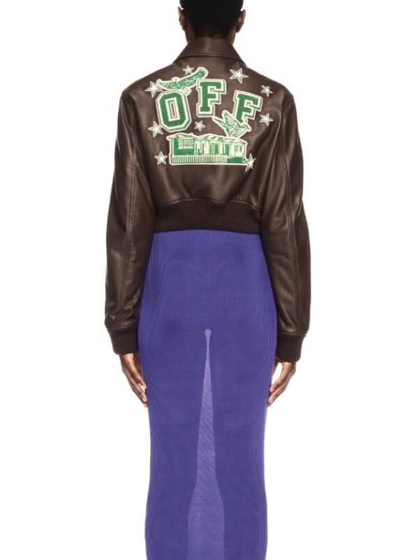 Off White Chocolate Cropped Leather Varsity Jacket 2