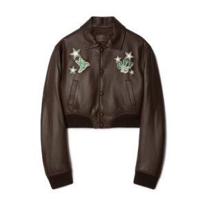 Off White Chocolate Cropped Leather Varsity Jacket 4