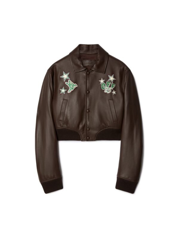 Off White Chocolate Cropped Leather Varsity Jacket 4