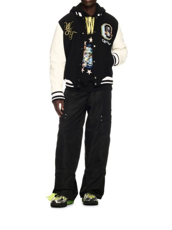 Off White Fresco Leather Wool Varsity Jacket BlackWhite 1