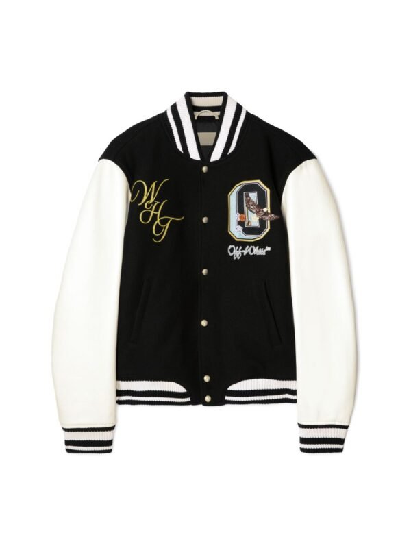 Off White Fresco Leather Wool Varsity Jacket BlackWhite 3