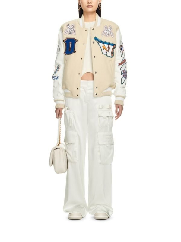 Off White Thunderbolt Wool Leather Cream Varsity Jacket 1