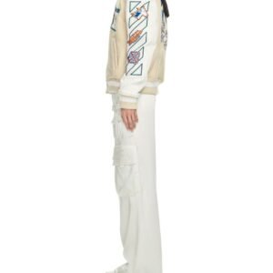 Off White Thunderbolt Wool Leather Cream Varsity Jacket 2