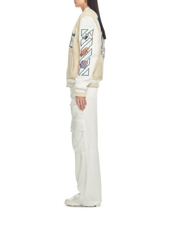 Off White Thunderbolt Wool Leather Cream Varsity Jacket 2