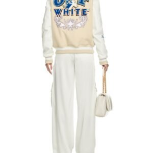 Off White Thunderbolt Wool Leather Cream Varsity Jacket 3