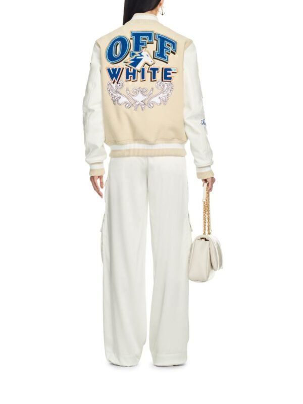 Off White Thunderbolt Wool Leather Cream Varsity Jacket 3