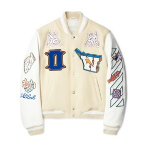 Off White Thunderbolt Wool Leather Cream Varsity Jacket 4