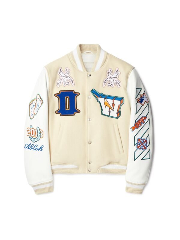 Off White Thunderbolt Wool Leather Cream Varsity Jacket 4