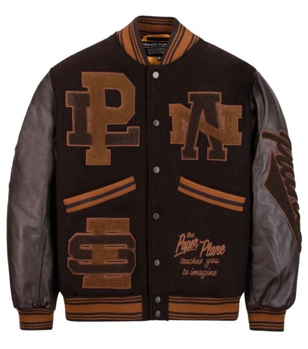 Paper Planes Eternally Greatfull Brown WoolLeather Varsity Jacket 1