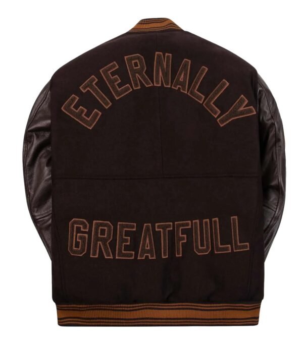 Paper Planes Eternally Greatfull Brown WoolLeather Varsity Jacket 2