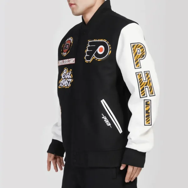 Philadelphia Flyers Animal Print Wool Leather BlackWhite Varsity Jacket 3