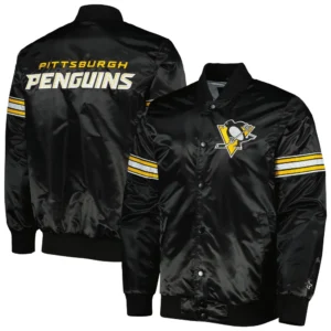 Pittsburgh Penguins Starter Pick Roll Satin Varsity Black Jacket 4