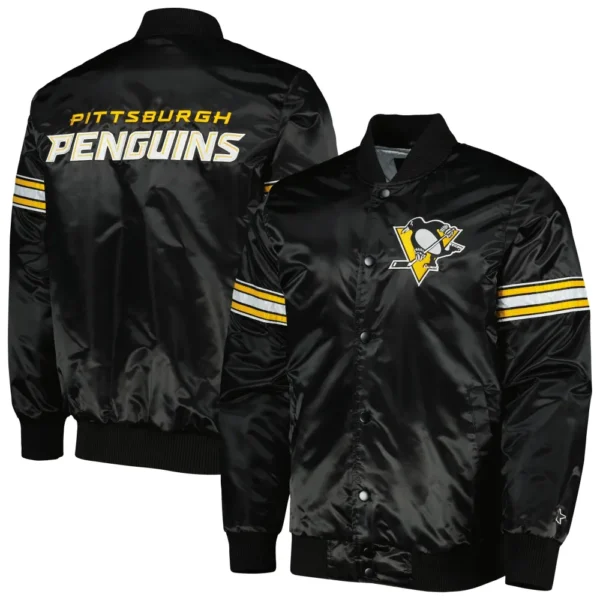 Pittsburgh Penguins Starter Pick Roll Satin Varsity Black Jacket 4