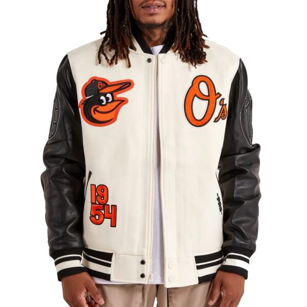 Pro Standard Baltimore Orioles Classic WhiteBlack Rib Knitted Wool Leather Varsity Jacket 1