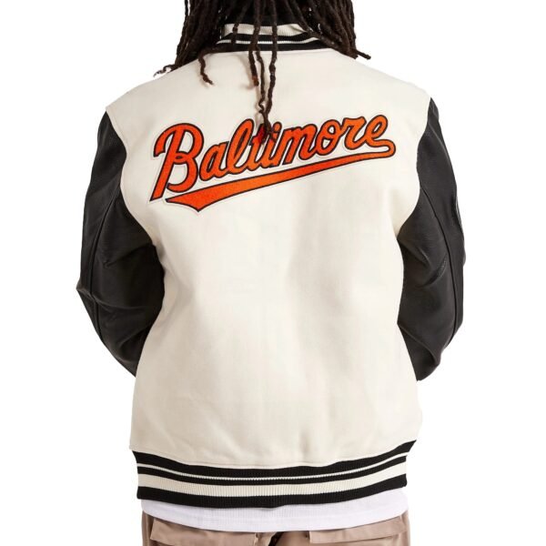 Pro Standard Baltimore Orioles Classic WhiteBlack Rib Knitted Wool Leather Varsity Jacket 2