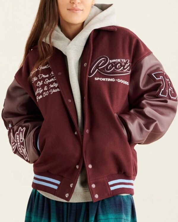 Roots Sporting Goods Wool Leather Maroon Varsity Jacket 1