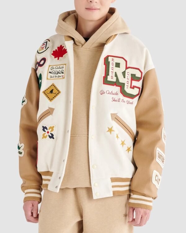 Roots X Clot Wool Leather IvoryCamel Varsity Jacket 1
