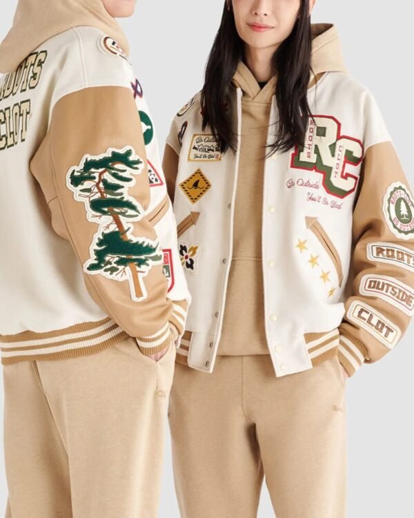 Roots X Clot Wool Leather IvoryCamel Varsity Jacket 7