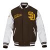 San Diego Padres Script Tail Wool Leather Varsity Jacket BrownWhite 1