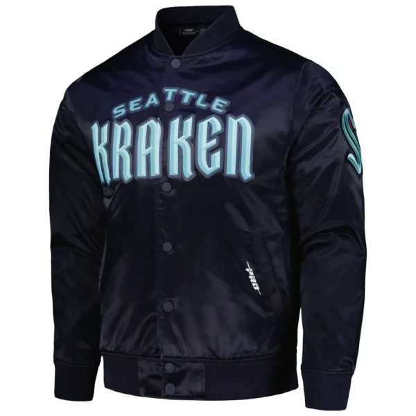 Seattle Kraken Pro Standard Classic Deep Sea Blue Full Snap Navy Satin Varsity Jacket 1